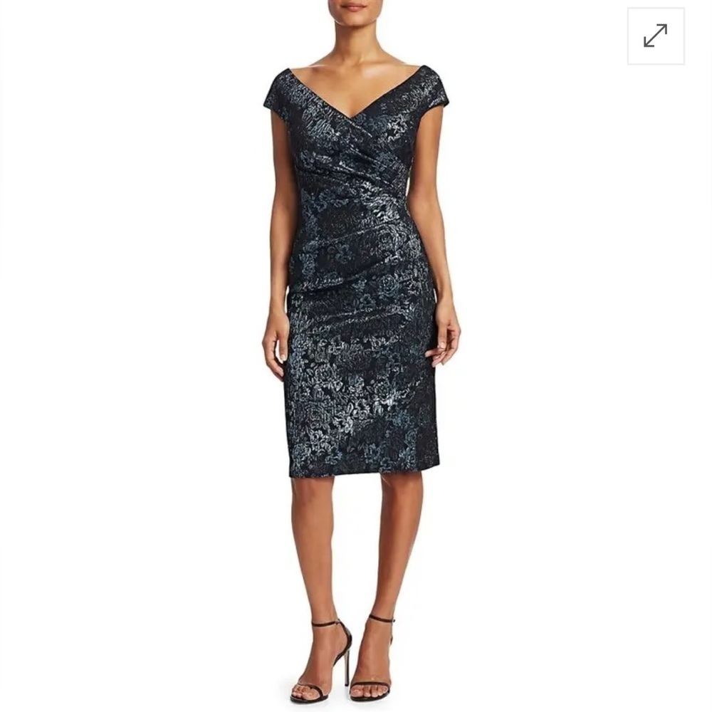 RICKIE FREEMAN FOR TERI JON Off-Shoulder Ruched Jacquard Sheath Dress
